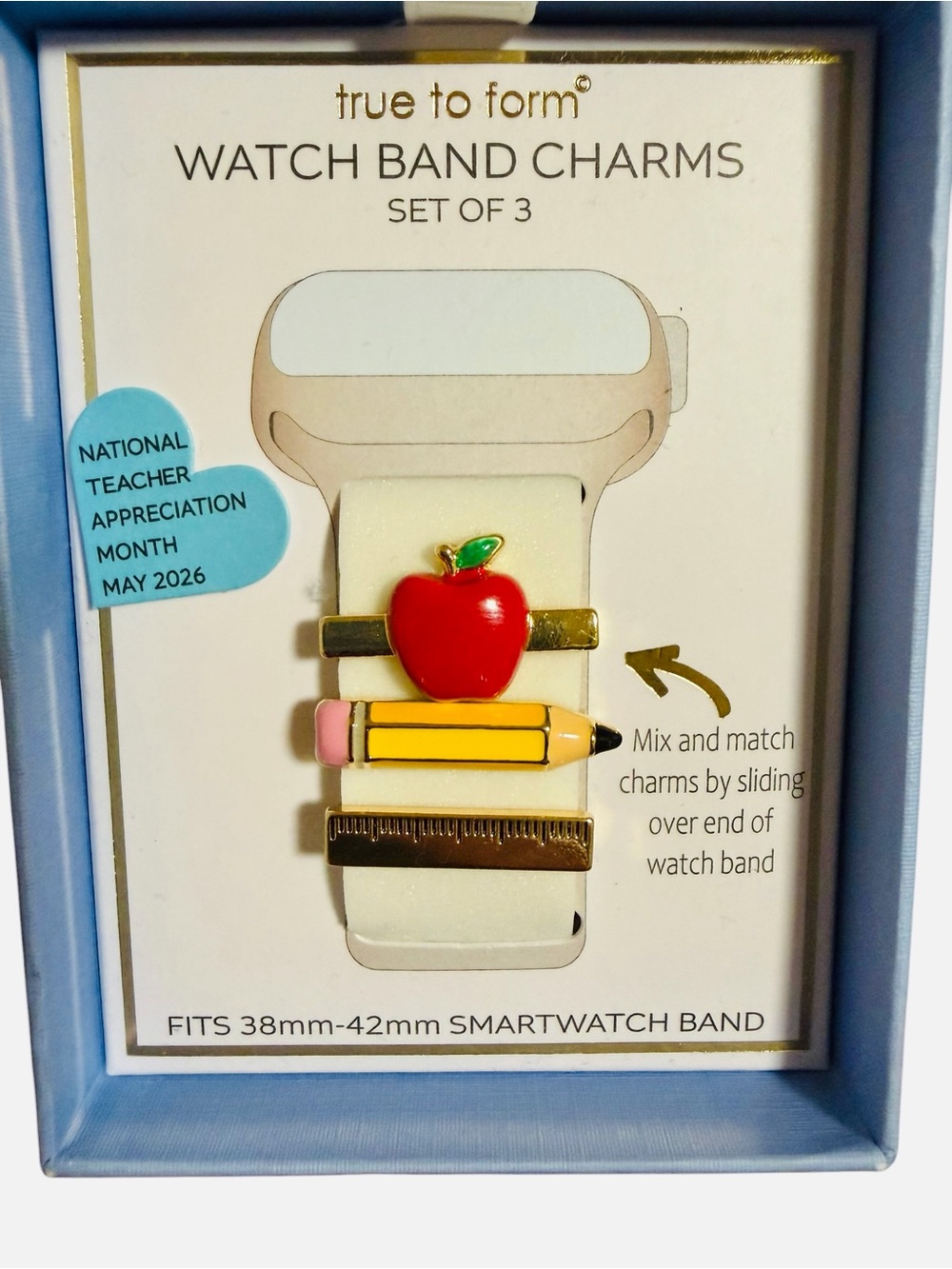 Teacher-Themed Smartwatch Band Charms Set - Red Apple & Yellow Pencil w/Gift Box